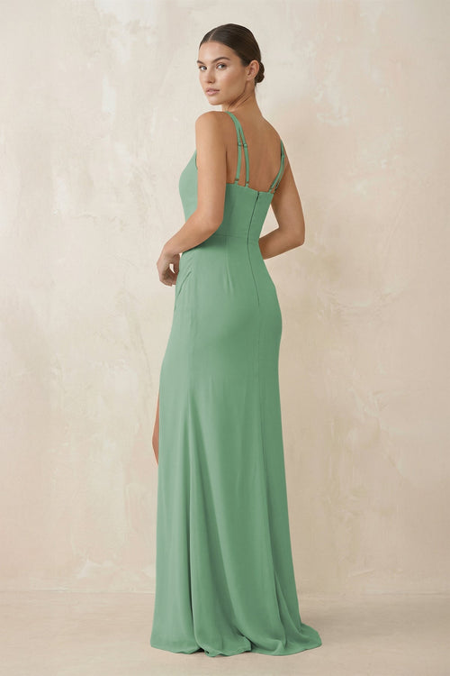 Cami Strap Chiffon Sheath Bridesmaid Gown in Sea Glass - SHE IS ME Bridesmaid Dresses