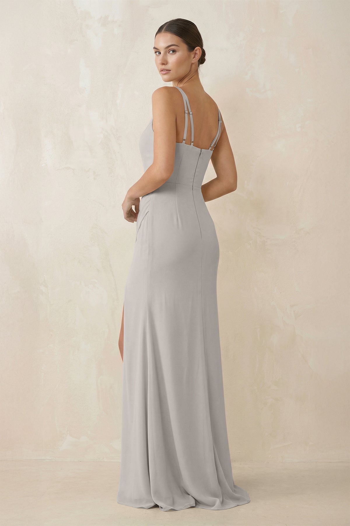 Cami Strap Chiffon Sheath Bridesmaid Gown in Silver - SHE IS ME Bridesmaid Dresses