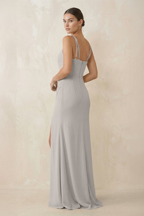 Cami Strap Chiffon Sheath Bridesmaid Gown in Silver - SHE IS ME Bridesmaid Dresses