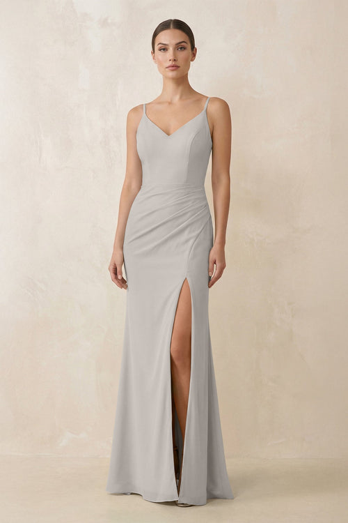 Cami Strap Chiffon Sheath Bridesmaid Gown in Silver - SHE IS ME Bridesmaid Dresses