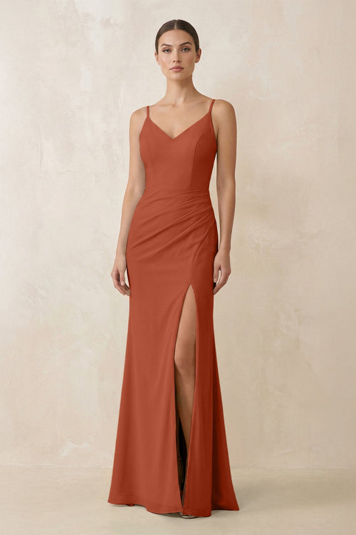 Cami Strap Chiffon Sheath Bridesmaid Gown in Spice - SHE IS ME Bridesmaid Dresses
