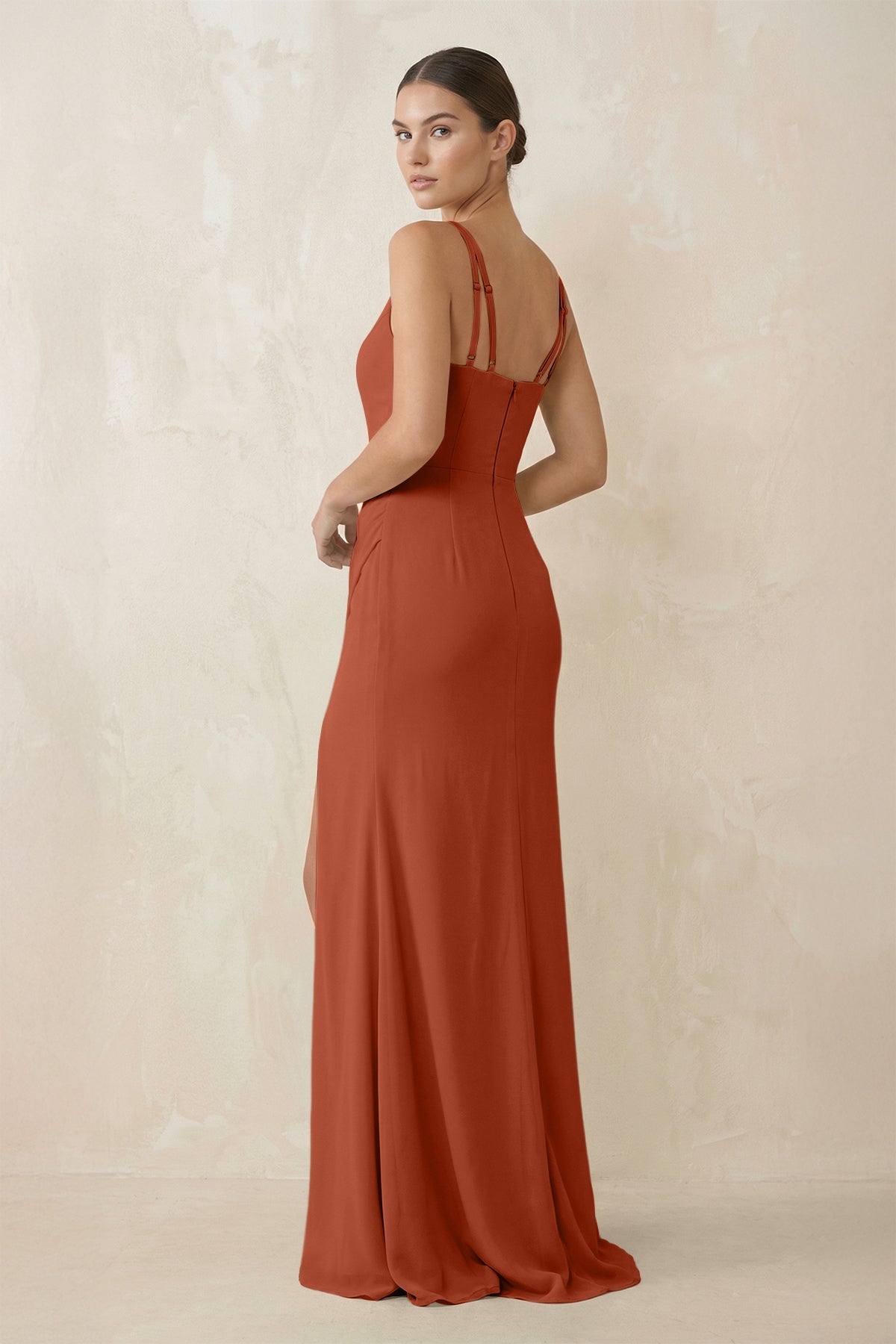 Cami Strap Chiffon Sheath Bridesmaid Gown in Spice - SHE IS ME Bridesmaid Dresses