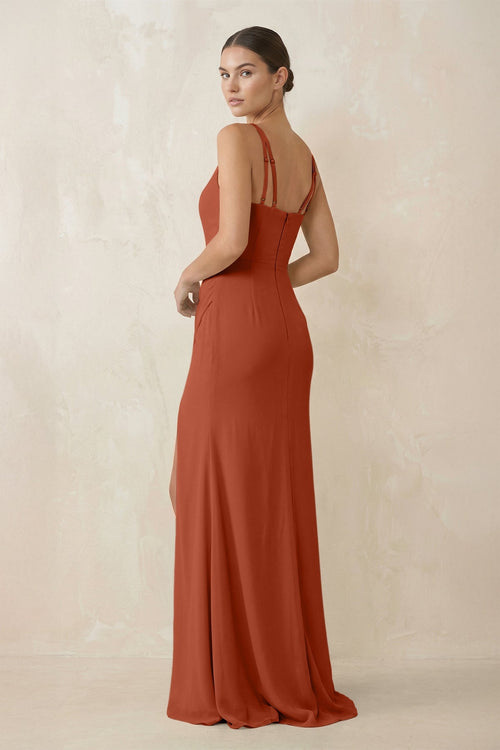 Cami Strap Chiffon Sheath Bridesmaid Gown in Spice - SHE IS ME Bridesmaid Dresses