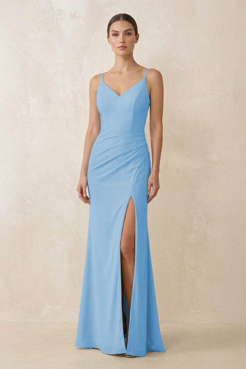 Cami Strap Chiffon Sheath Bridesmaid Gown in Steel Blue - SHE IS ME Bridesmaid Dresses