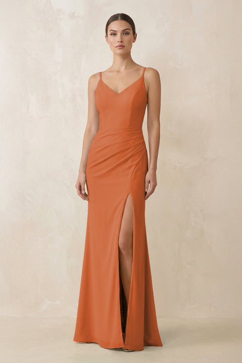 Cami Strap Chiffon Sheath Bridesmaid Gown in Terracotta - SHE IS ME Bridesmaid Dresses