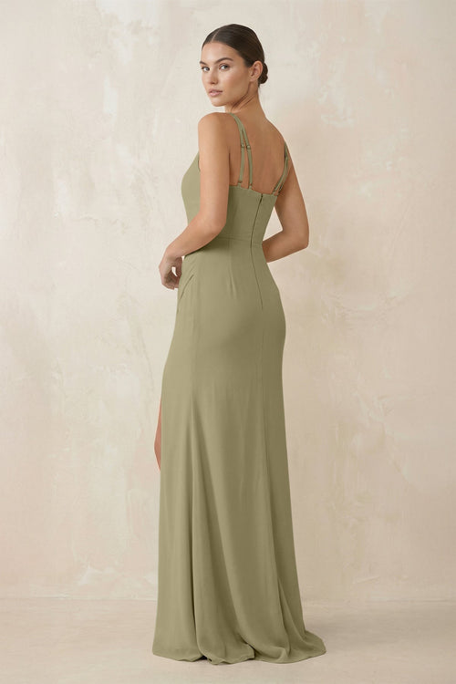 Cami Strap Chiffon Sheath Bridesmaid Gown in Thyme - SHE IS ME Bridesmaid Dresses
