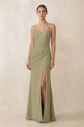 Cami Strap Chiffon Sheath Bridesmaid Gown in Thyme - SHE IS ME Bridesmaid Dresses