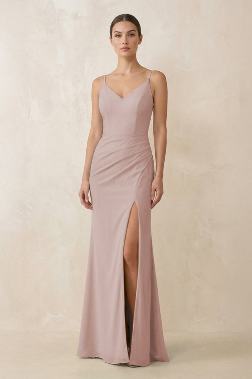 Cami Strap Chiffon Sheath Bridesmaid Gown in Toffee - SHE IS ME Bridesmaid Dresses