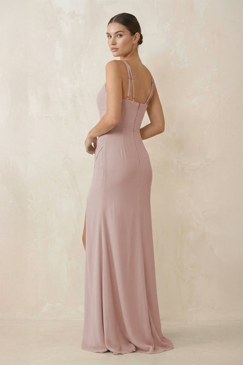 Cami Strap Chiffon Sheath Bridesmaid Gown in Toffee - SHE IS ME Bridesmaid Dresses