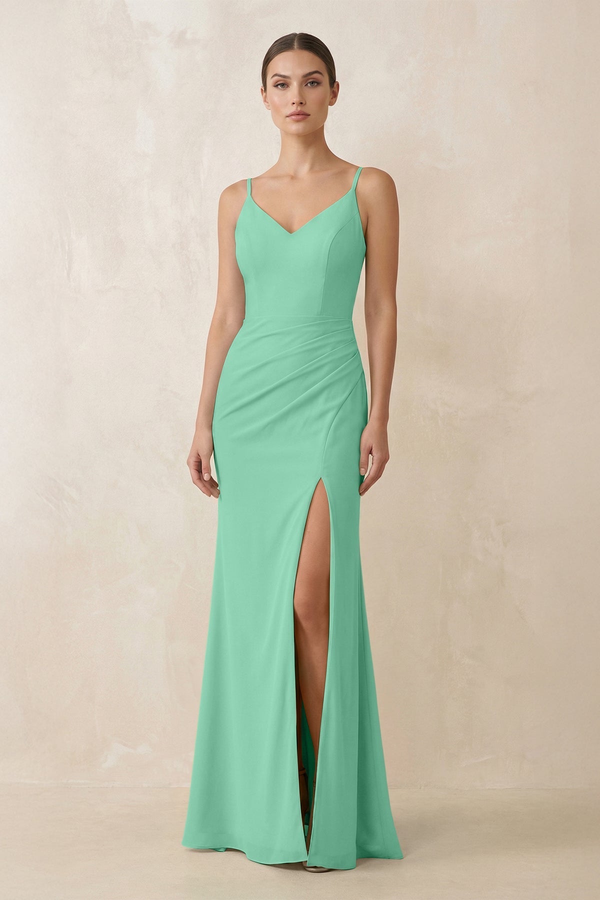 Cami Strap Chiffon Sheath Bridesmaid Gown in Turquoise - SHE IS ME Bridesmaid Dresses