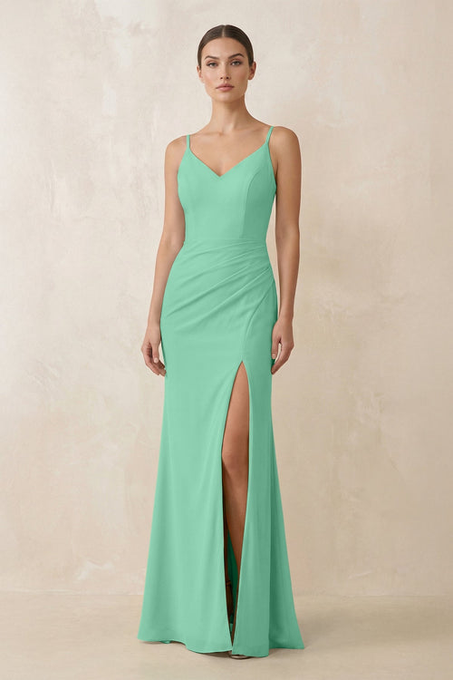 Cami Strap Chiffon Sheath Bridesmaid Gown in Turquoise - SHE IS ME Bridesmaid Dresses