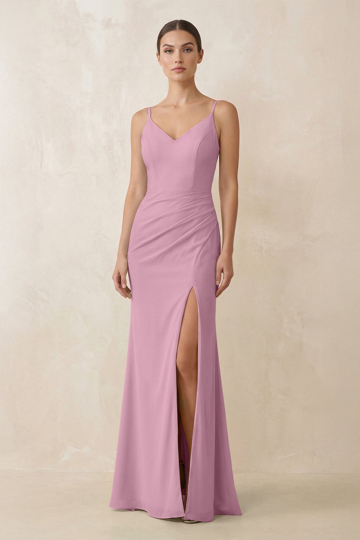 Cami Strap Chiffon Sheath Bridesmaid Gown in Vintage Mauve - SHE IS ME Bridesmaid Dresses