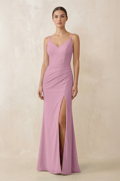 Cami Strap Chiffon Sheath Bridesmaid Gown in Vintage Mauve - SHE IS ME Bridesmaid Dresses