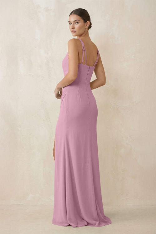 Cami Strap Chiffon Sheath Bridesmaid Gown in Vintage Mauve - SHE IS ME Bridesmaid Dresses
