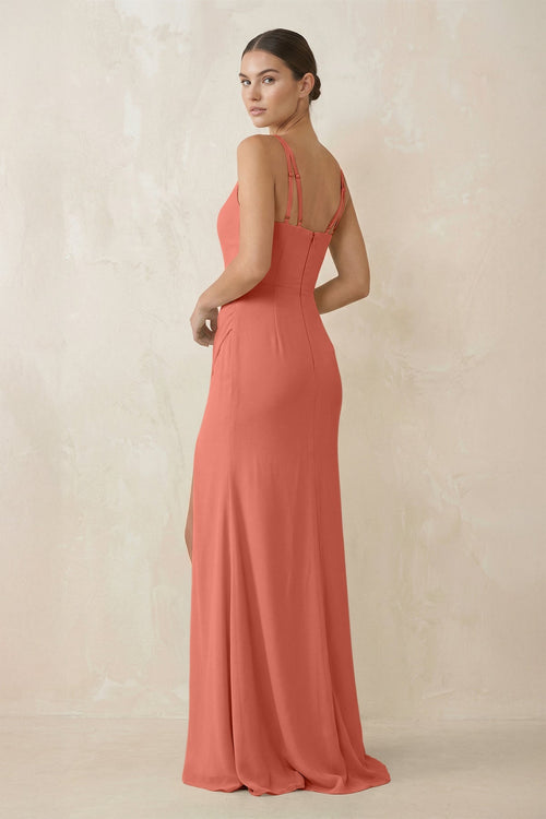 Cami Strap Chiffon Sheath Bridesmaid Gown in Wild Rose - SHE IS ME Bridesmaid Dresses