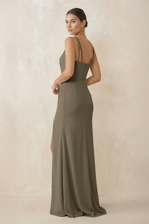 Cami Strap Chiffon Sheath Bridesmaid Gown in Willow Green - SHE IS ME Bridesmaid Dresses