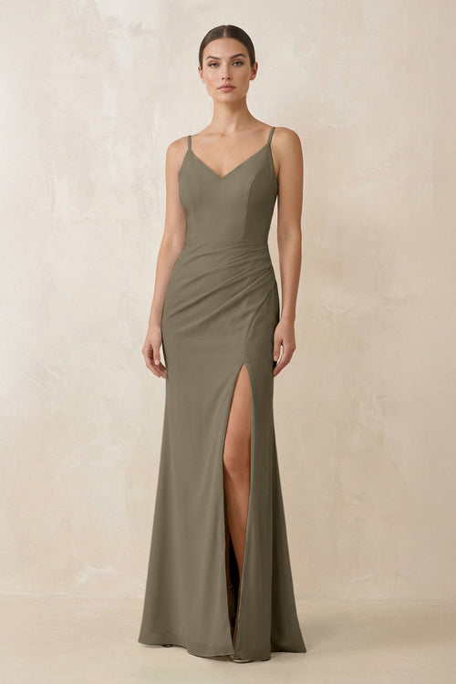 Cami Strap Chiffon Sheath Bridesmaid Gown in Willow Green - SHE IS ME Bridesmaid Dresses