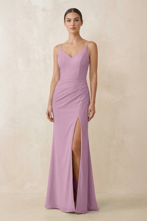 Cami Strap Chiffon Sheath Bridesmaid Gown in Wisteria - SHE IS ME Bridesmaid Dresses