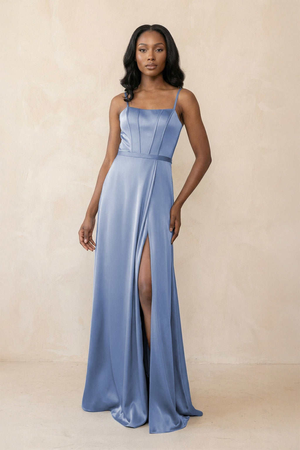 Cami Strap Corset Satin Sheath Bridesmaid Dress in Mist - SHE IS ME Bridesmaid Dresses