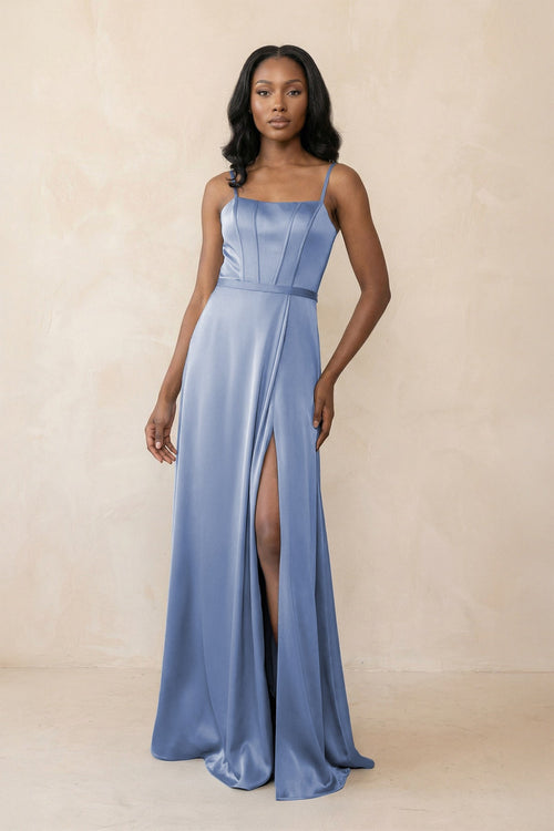 Cami Strap Corset Satin Sheath Bridesmaid Dress in Mist - SHE IS ME Bridesmaid Dresses