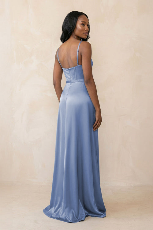 Cami Strap Corset Satin Sheath Bridesmaid Dress in Mist - SHE IS ME Bridesmaid Dresses