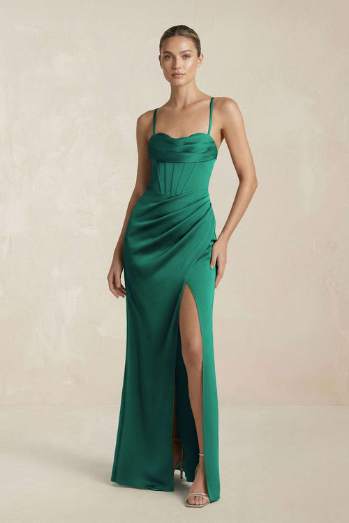 Cami Strap Corset Sheath Satin Ruched Bridesmaid Dress in Dark Green - SHE IS ME Bridesmaid Dresses