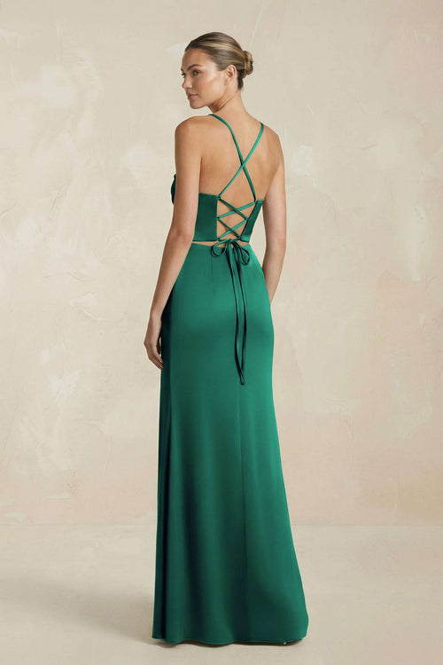Cami Strap Corset Sheath Satin Ruched Bridesmaid Dress in Dark Green - SHE IS ME Bridesmaid Dresses