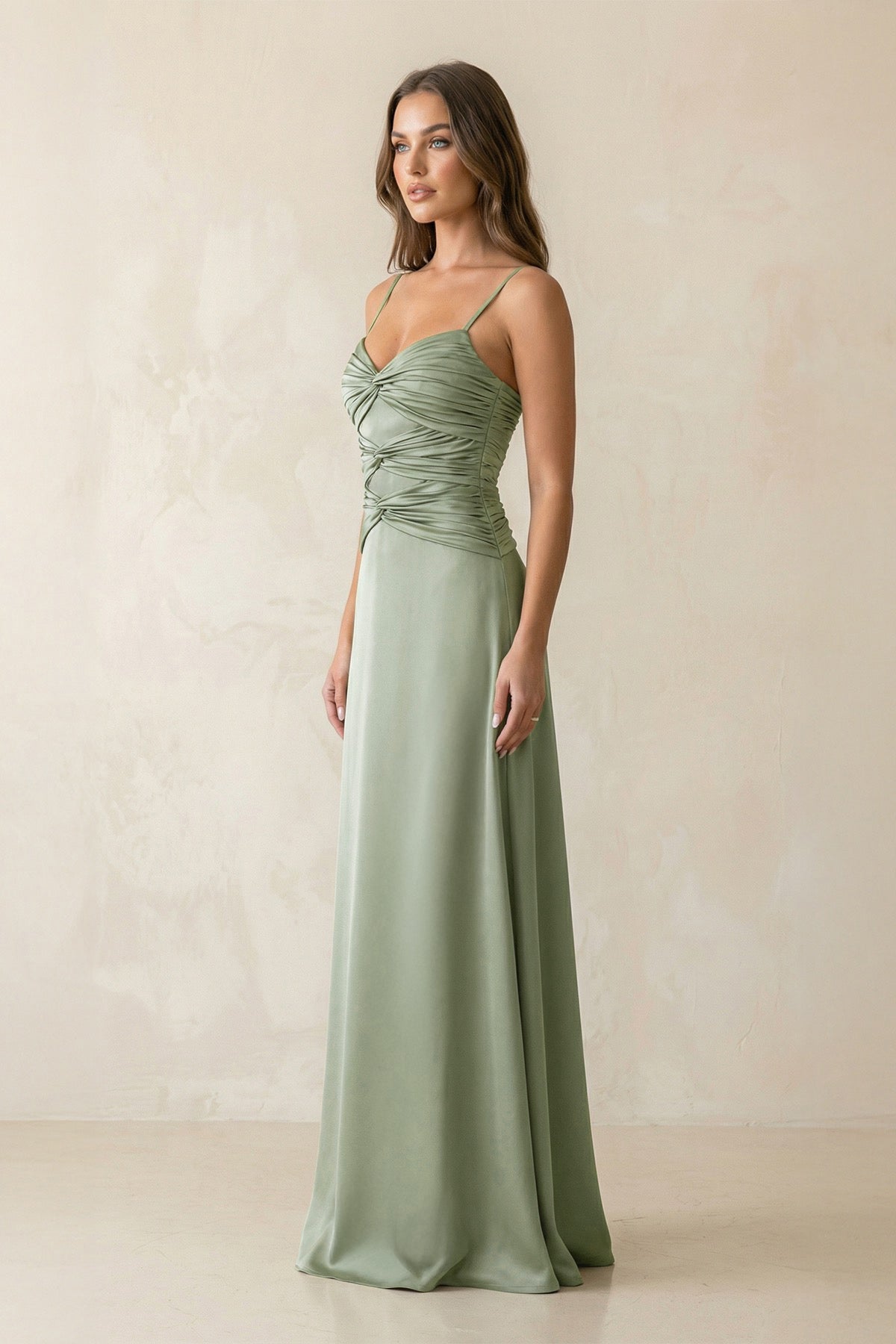 Cami Strap Pleated Sheath Satin Bridesmaid Dress in Dove Gray - SHE IS ME Bridesmaid Dresses