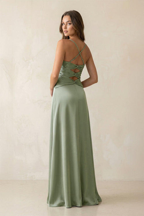 Cami Strap Pleated Sheath Satin Bridesmaid Dress in Dove Gray - SHE IS ME Bridesmaid Dresses