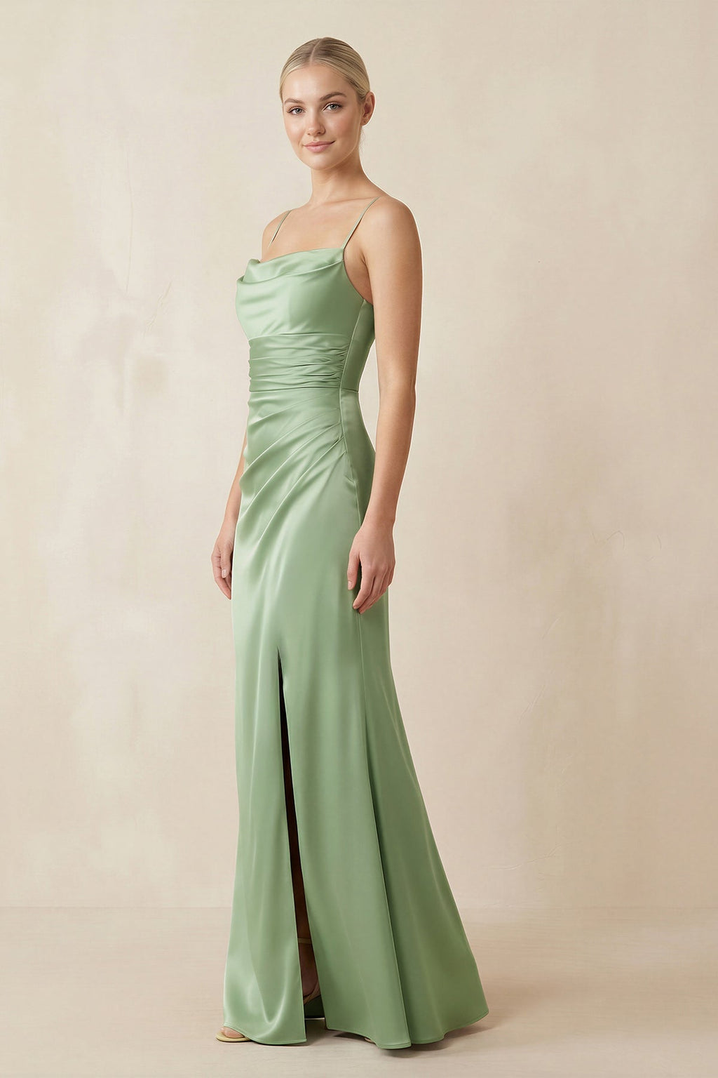 Cami Strap Ruched Satin Sheath Bridesmaid Dress in Sage - SHE IS ME Bridesmaid Dresses