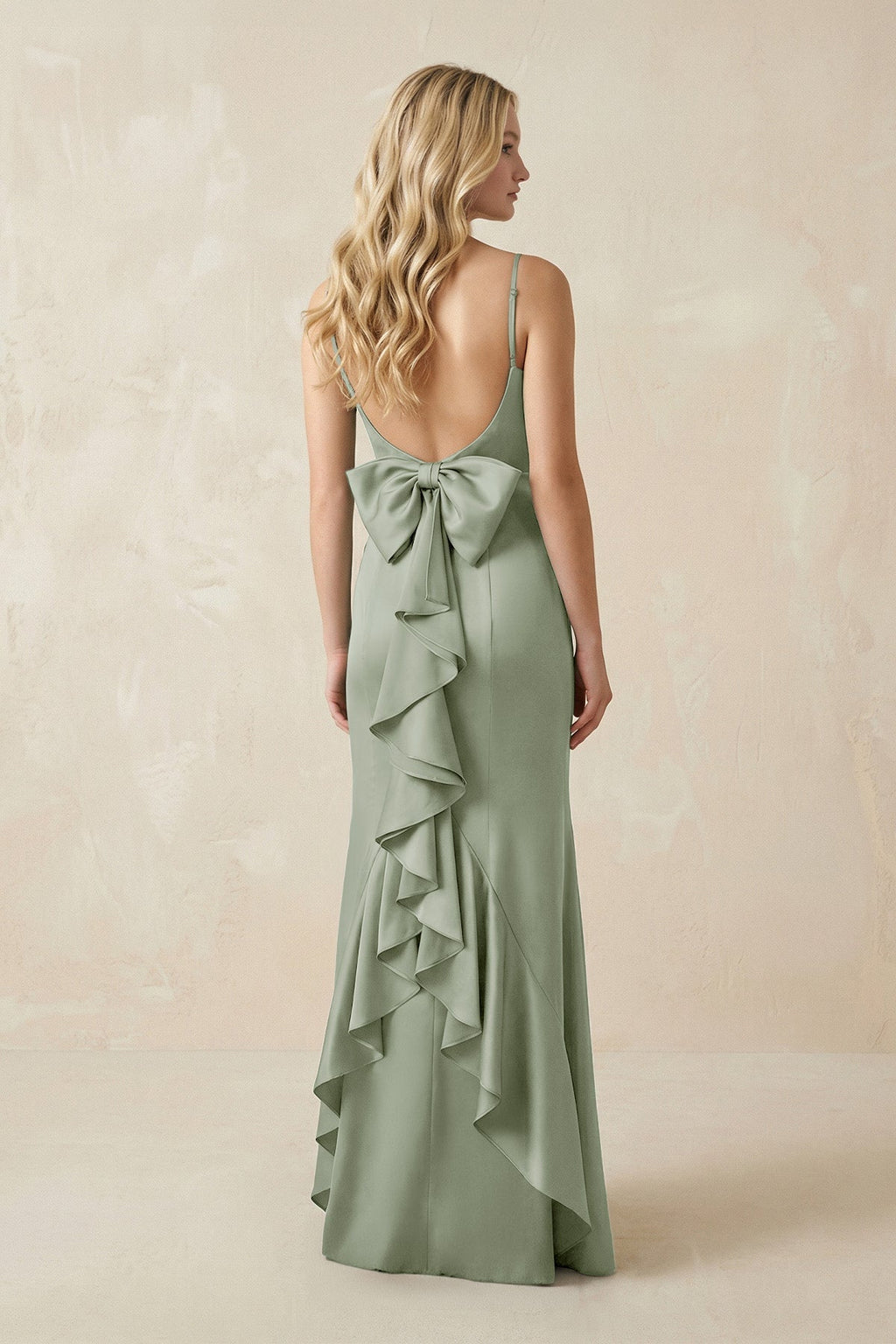 Cami Strap Ruffled Satin Bridesmaid Dress With Bow in Dove Gray - SHE IS ME Bridesmaid Dresses