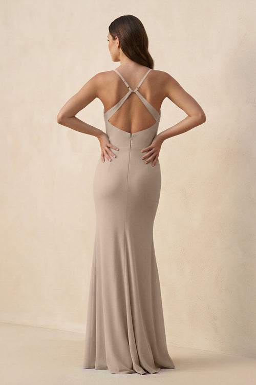 Cami Strap Sheath Chiffon Bridesmaid Dress with Slit in Almond - SHE IS ME Bridesmaid Dresses
