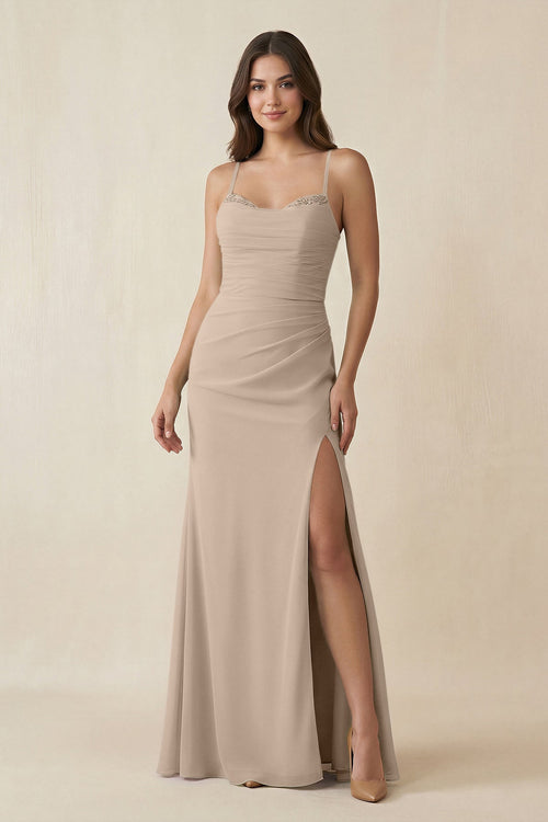 Cami Strap Sheath Chiffon Bridesmaid Dress with Slit in Almond - SHE IS ME Bridesmaid Dresses