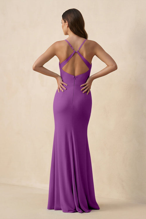 Cami Strap Sheath Chiffon Bridesmaid Dress with Slit in Amethyst - SHE IS ME Bridesmaid Dresses