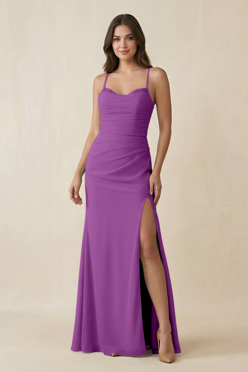 Cami Strap Sheath Chiffon Bridesmaid Dress with Slit in Amethyst - SHE IS ME Bridesmaid Dresses