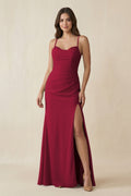 Cami Strap Sheath Chiffon Bridesmaid Dress with Slit in Berry - SHE IS ME Bridesmaid Dresses