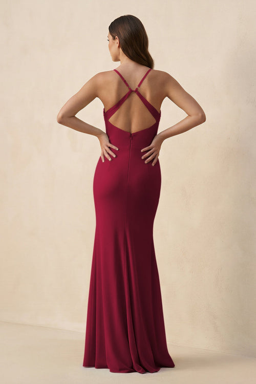 Cami Strap Sheath Chiffon Bridesmaid Dress with Slit in Berry - SHE IS ME Bridesmaid Dresses
