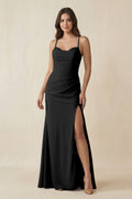 Cami Strap Sheath Chiffon Bridesmaid Dress with Slit in Black - SHE IS ME Bridesmaid Dresses