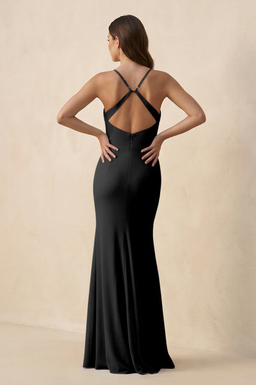 Cami Strap Sheath Chiffon Bridesmaid Dress with Slit in Black - SHE IS ME Bridesmaid Dresses