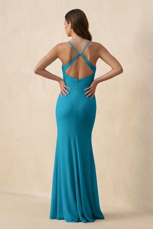 Cami Strap Sheath Chiffon Bridesmaid Dress with Slit in Blue Jay - SHE IS ME Bridesmaid Dresses