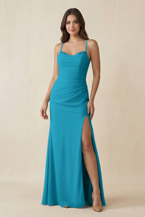 Cami Strap Sheath Chiffon Bridesmaid Dress with Slit in Blue Jay - SHE IS ME Bridesmaid Dresses