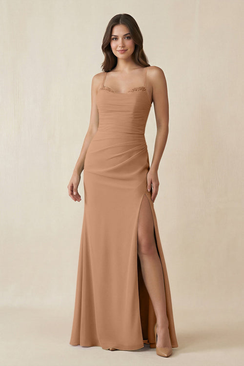 Cami Strap Sheath Chiffon Bridesmaid Dress with Slit in Bronzer - SHE IS ME Bridesmaid Dresses