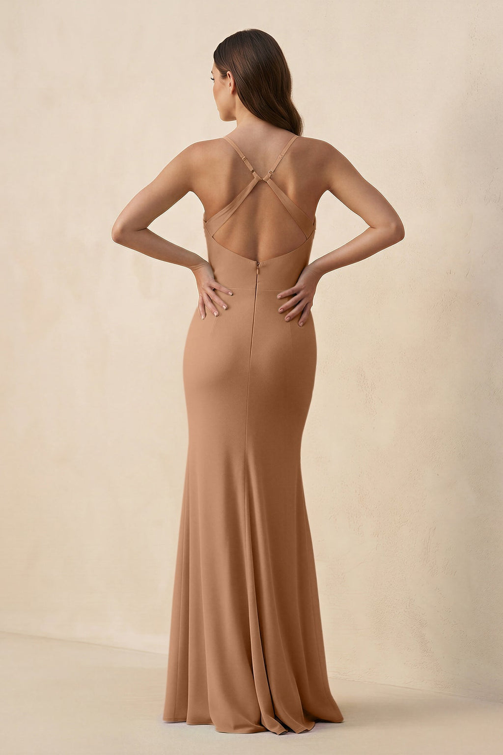 Cami Strap Sheath Chiffon Bridesmaid Dress with Slit in Bronzer - SHE IS ME Bridesmaid Dresses