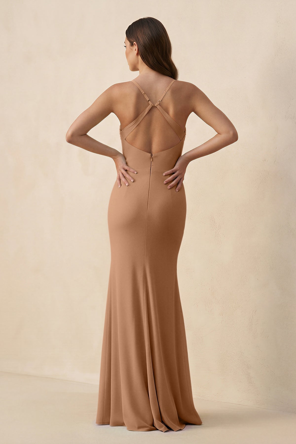 Cami Strap Sheath Chiffon Bridesmaid Dress with Slit in Bronzer - SHE IS ME Bridesmaid Dresses