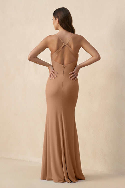 Cami Strap Sheath Chiffon Bridesmaid Dress with Slit in Bronzer - SHE IS ME Bridesmaid Dresses
