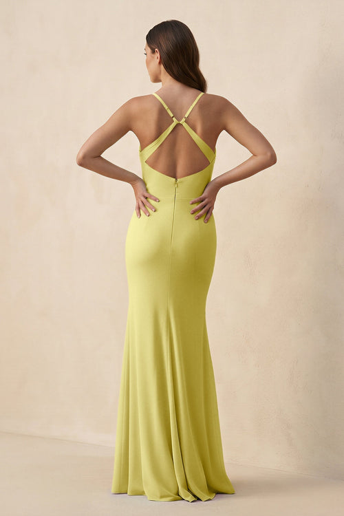 Cami Strap Sheath Chiffon Bridesmaid Dress with Slit in Buttercup - SHE IS ME Bridesmaid Dresses