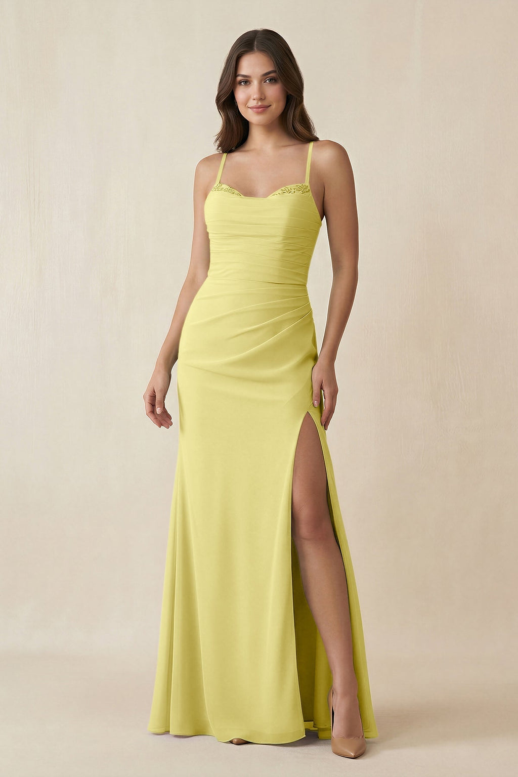 Cami Strap Sheath Chiffon Bridesmaid Dress with Slit in Buttercup - SHE IS ME Bridesmaid Dresses