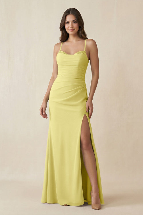 Cami Strap Sheath Chiffon Bridesmaid Dress with Slit in Buttercup - SHE IS ME Bridesmaid Dresses