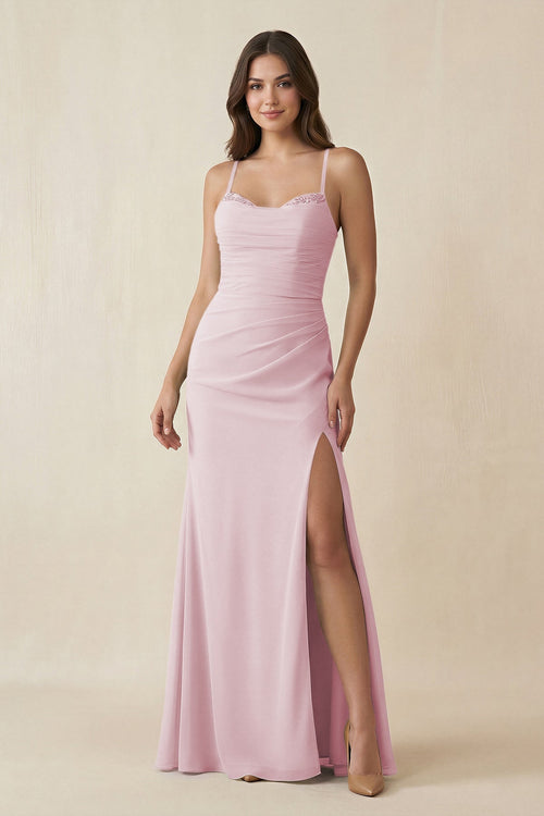 Cami Strap Sheath Chiffon Bridesmaid Dress with Slit in Candy Pink - SHE IS ME Bridesmaid Dresses