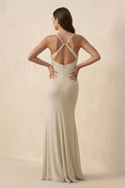 Cami Strap Sheath Chiffon Bridesmaid Dress with Slit in Champagne - SHE IS ME Bridesmaid Dresses